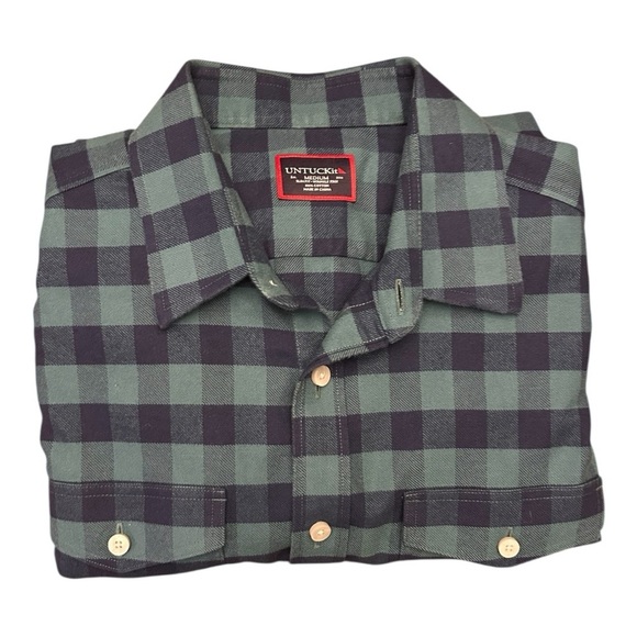 UNTUCKit Navy & Green Vigouroux Plaid Flannel Button Down Shirt Men’s Size M - Picture 7 of 15